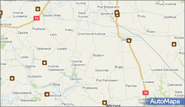 mapa Bożęcin gmina Wilczyce, Bożęcin gmina Wilczyce na mapie Targeo
