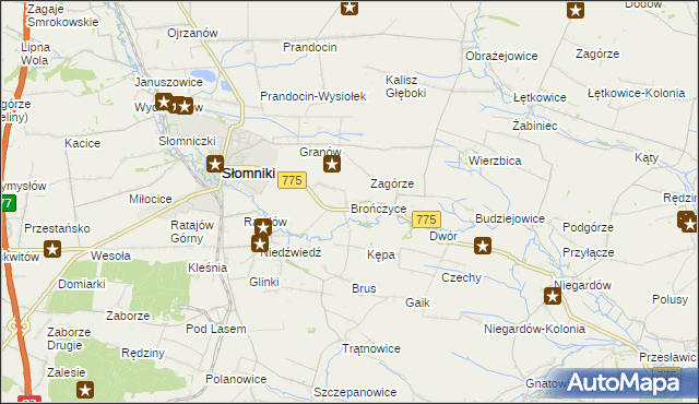 mapa Brończyce gmina Słomniki, Brończyce gmina Słomniki na mapie Targeo