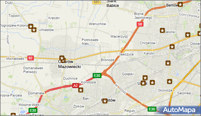 mapa Bronisze gmina Ożarów Mazowiecki, Bronisze gmina Ożarów Mazowiecki na mapie Targeo