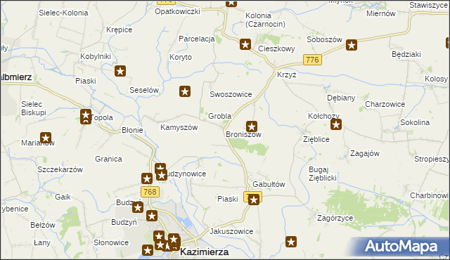 mapa Broniszów gmina Kazimierza Wielka, Broniszów gmina Kazimierza Wielka na mapie Targeo