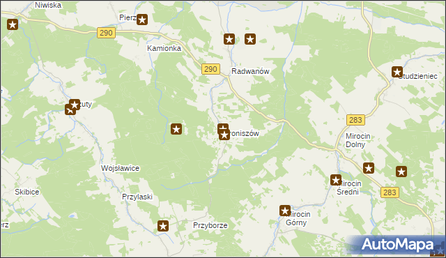 mapa Broniszów gmina Kożuchów, Broniszów gmina Kożuchów na mapie Targeo