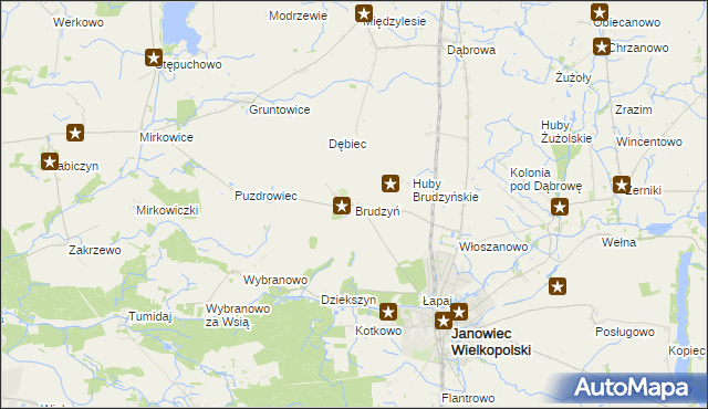 mapa Brudzyń gmina Janowiec Wielkopolski, Brudzyń gmina Janowiec Wielkopolski na mapie Targeo