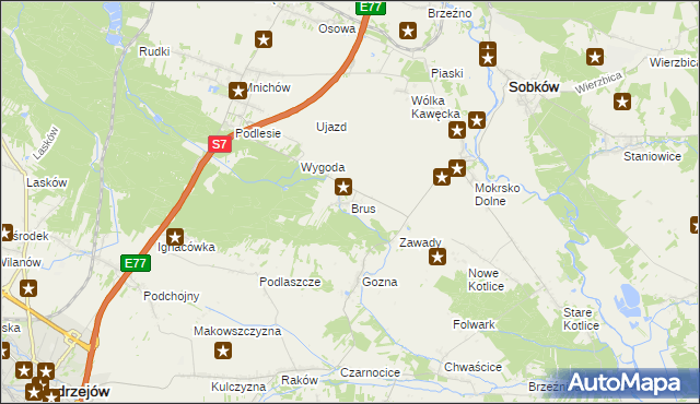 mapa Brus gmina Jędrzejów, Brus gmina Jędrzejów na mapie Targeo