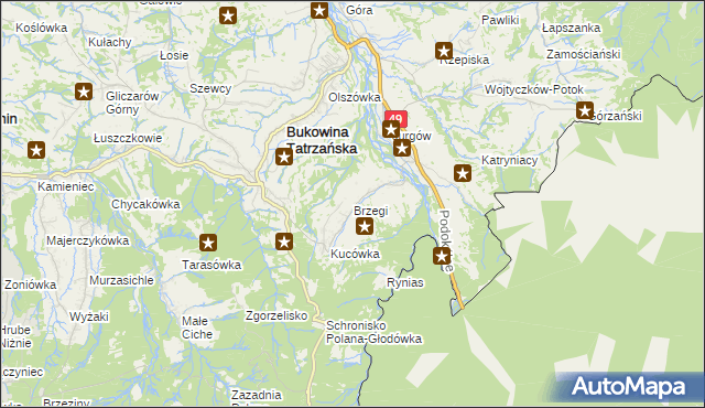 mapa Brzegi gmina Bukowina Tatrzańska, Brzegi gmina Bukowina Tatrzańska na mapie Targeo