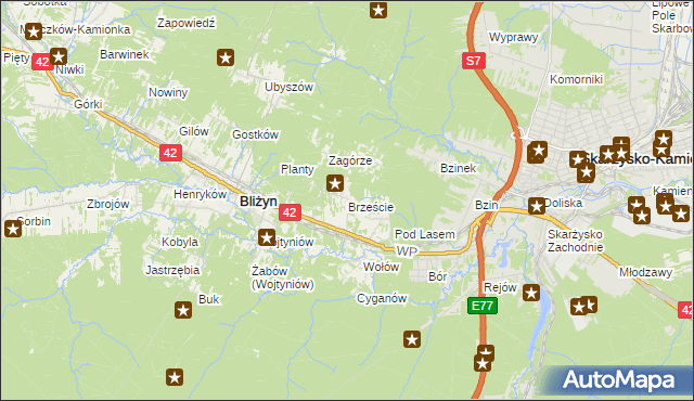 mapa Brzeście gmina Bliżyn, Brzeście gmina Bliżyn na mapie Targeo