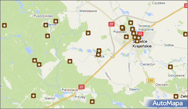 mapa Brzoza gmina Strzelce Krajeńskie, Brzoza gmina Strzelce Krajeńskie na mapie Targeo