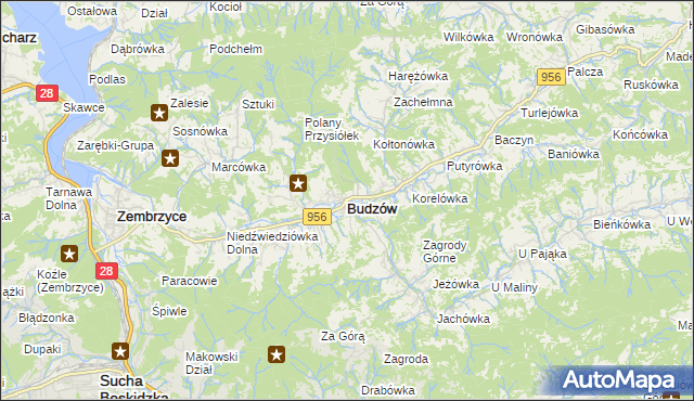 mapa Budzów powiat suski, Budzów powiat suski na mapie Targeo