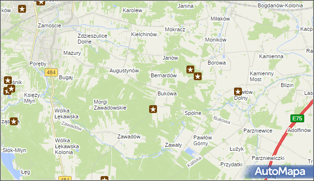 mapa Bukowa gmina Bełchatów, Bukowa gmina Bełchatów na mapie Targeo