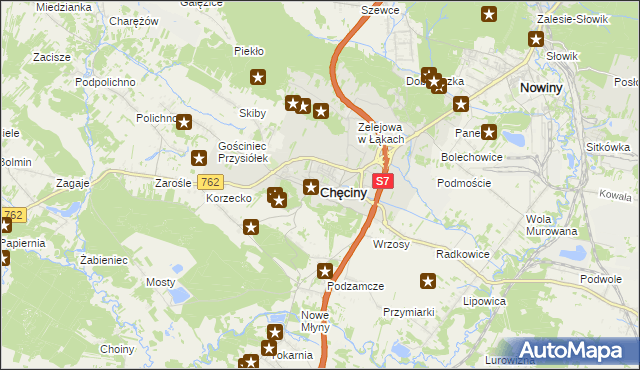 mapa Chęciny powiat kielecki, Chęciny powiat kielecki na mapie Targeo