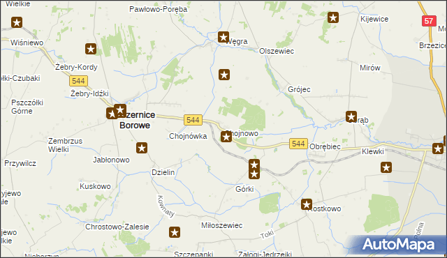mapa Chojnowo gmina Czernice Borowe, Chojnowo gmina Czernice Borowe na mapie Targeo