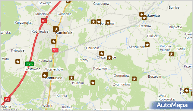 mapa Chrzanowice gmina Gomunice, Chrzanowice gmina Gomunice na mapie Targeo