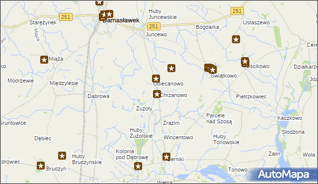 mapa Chrzanowo gmina Janowiec Wielkopolski, Chrzanowo gmina Janowiec Wielkopolski na mapie Targeo