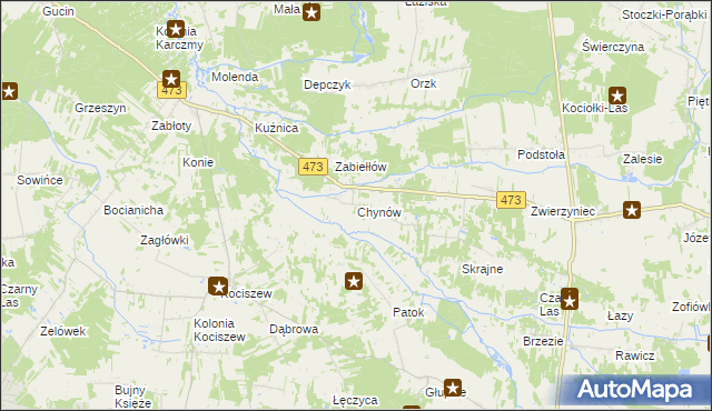 mapa Chynów gmina Drużbice, Chynów gmina Drużbice na mapie Targeo