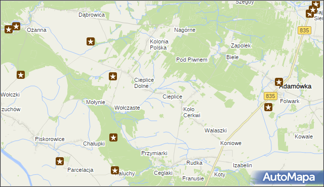 mapa Cieplice gmina Adamówka, Cieplice gmina Adamówka na mapie Targeo