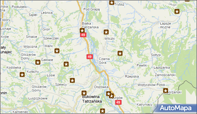 mapa Czarna Góra gmina Bukowina Tatrzańska, Czarna Góra gmina Bukowina Tatrzańska na mapie Targeo