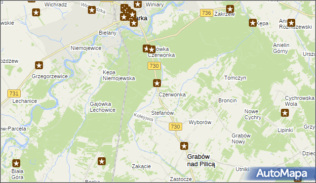 mapa Czerwonka gmina Grabów nad Pilicą, Czerwonka gmina Grabów nad Pilicą na mapie Targeo