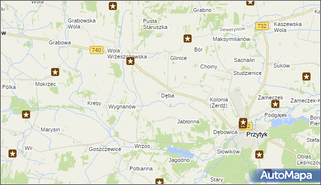 mapa Dęba gmina Przytyk, Dęba gmina Przytyk na mapie Targeo