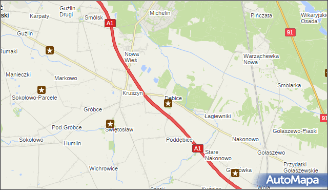 mapa Dębice gmina Włocławek, Dębice gmina Włocławek na mapie Targeo