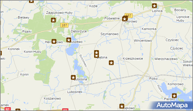 mapa Dębina gmina Pniewy, Dębina gmina Pniewy na mapie Targeo