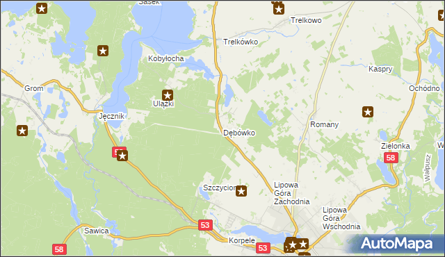 mapa Dębówko gmina Szczytno, Dębówko gmina Szczytno na mapie Targeo