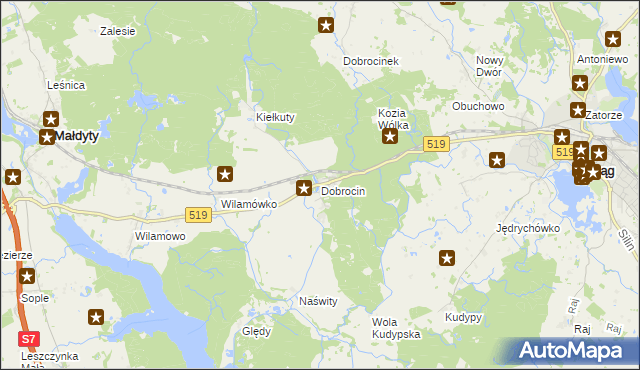 mapa Dobrocin gmina Małdyty, Dobrocin gmina Małdyty na mapie Targeo