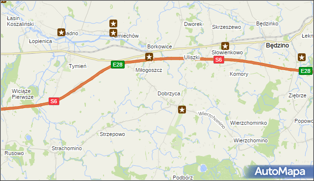 mapa Dobrzyca gmina Będzino, Dobrzyca gmina Będzino na mapie Targeo