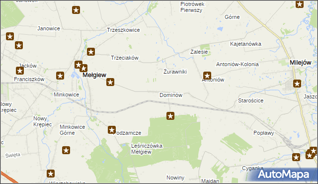 mapa Dominów gmina Mełgiew, Dominów gmina Mełgiew na mapie Targeo