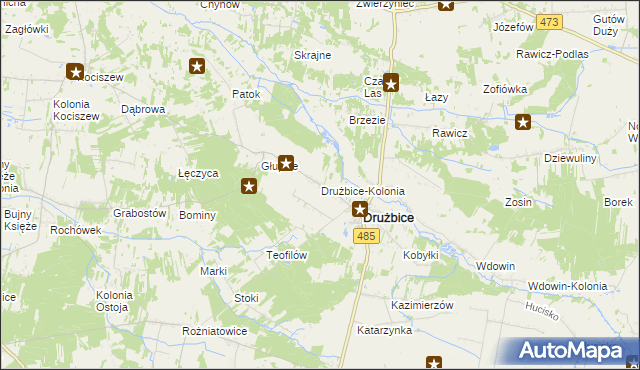 mapa Drużbice-Kolonia, Drużbice-Kolonia na mapie Targeo
