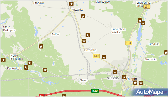 mapa Drzeńsko gmina Rzepin, Drzeńsko gmina Rzepin na mapie Targeo