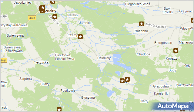 mapa Dzięcioły gmina Brzeziny, Dzięcioły gmina Brzeziny na mapie Targeo