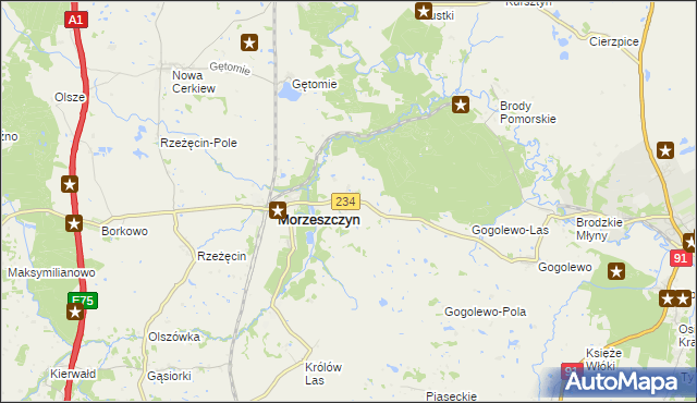 mapa Dzierżążno gmina Morzeszczyn, Dzierżążno gmina Morzeszczyn na mapie Targeo