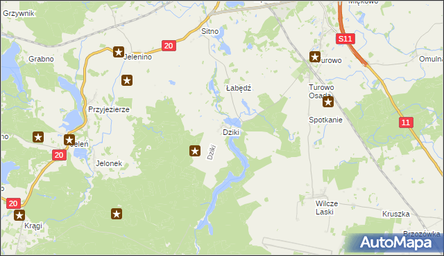 mapa Dziki gmina Szczecinek, Dziki gmina Szczecinek na mapie Targeo