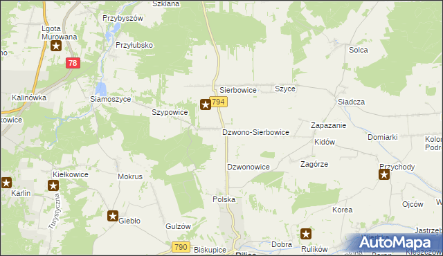 mapa Dzwono-Sierbowice, Dzwono-Sierbowice na mapie Targeo