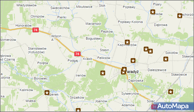 mapa Feliksów gmina Paradyż, Feliksów gmina Paradyż na mapie Targeo