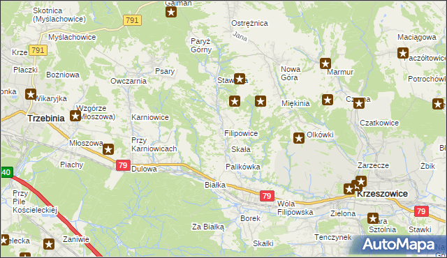 mapa Filipowice gmina Krzeszowice, Filipowice gmina Krzeszowice na mapie Targeo