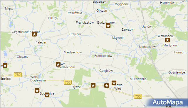 mapa Franciszków gmina Jasieniec, Franciszków gmina Jasieniec na mapie Targeo