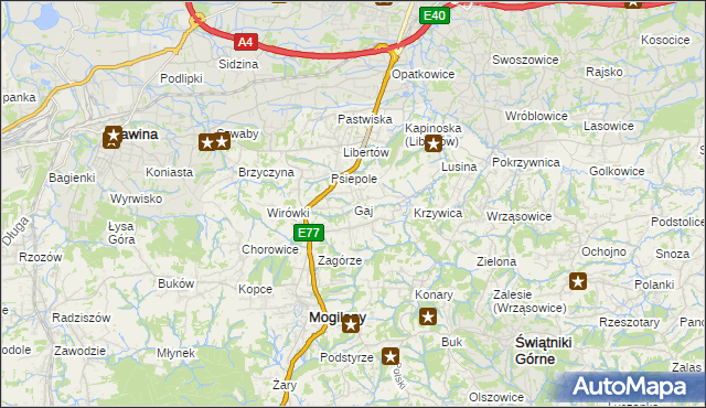 mapa Gaj gmina Mogilany, Gaj gmina Mogilany na mapie Targeo