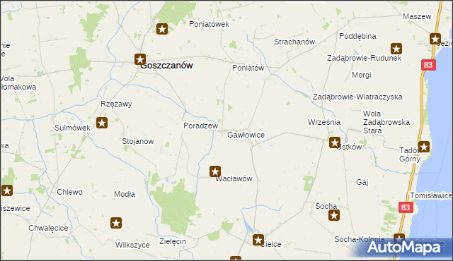 mapa Gawłowice gmina Goszczanów, Gawłowice gmina Goszczanów na mapie Targeo