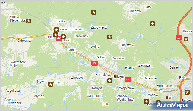 mapa Gilów gmina Bliżyn, Gilów gmina Bliżyn na mapie Targeo