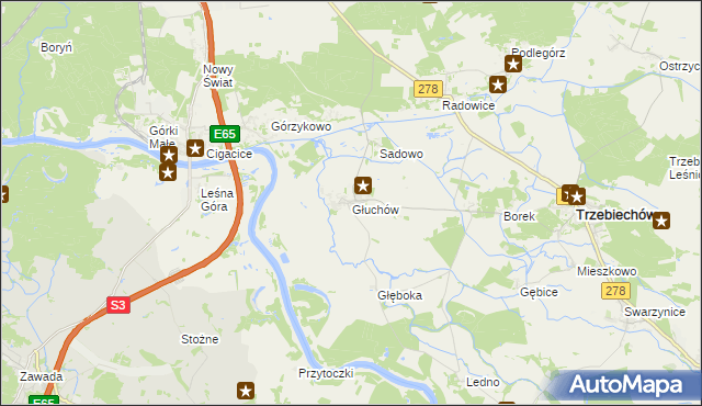 mapa Głuchów gmina Trzebiechów, Głuchów gmina Trzebiechów na mapie Targeo