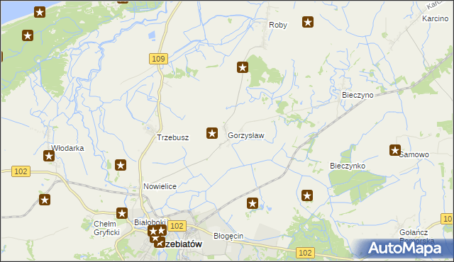 mapa Gorzysław gmina Trzebiatów, Gorzysław gmina Trzebiatów na mapie Targeo