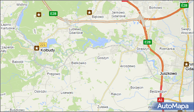 mapa Goszyn gmina Pruszcz Gdański, Goszyn gmina Pruszcz Gdański na mapie Targeo