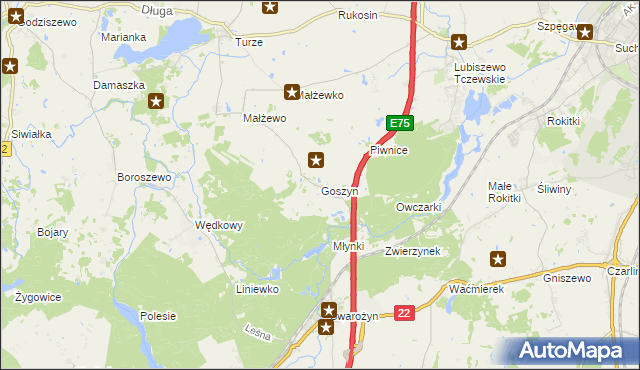 mapa Goszyn gmina Tczew, Goszyn gmina Tczew na mapie Targeo