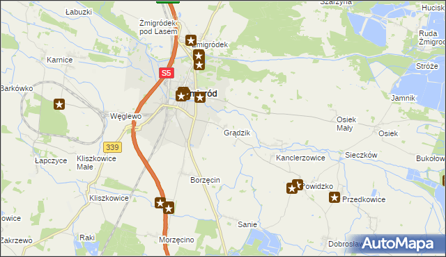 mapa Grądzik gmina Żmigród, Grądzik gmina Żmigród na mapie Targeo