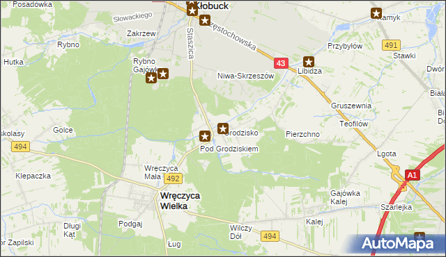 mapa Grodzisko gmina Wręczyca Wielka, Grodzisko gmina Wręczyca Wielka na mapie Targeo