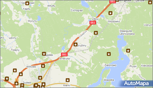 mapa Gryźliny gmina Stawiguda, Gryźliny gmina Stawiguda na mapie Targeo