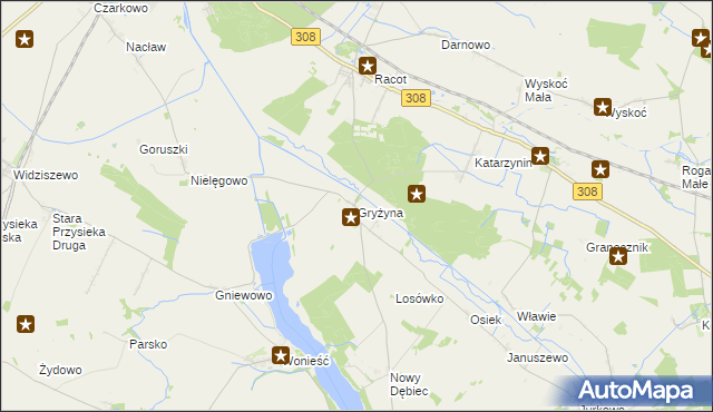 mapa Gryżyna gmina Kościan, Gryżyna gmina Kościan na mapie Targeo