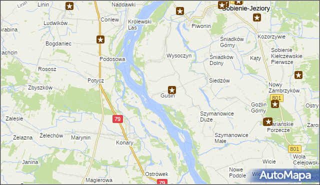 mapa Gusin gmina Sobienie-Jeziory, Gusin gmina Sobienie-Jeziory na mapie Targeo