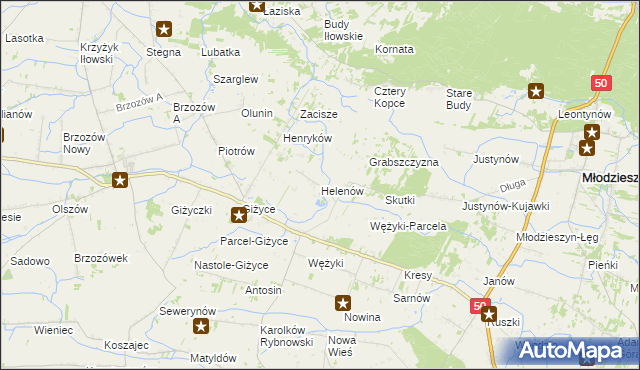 mapa Helenów gmina Młodzieszyn, Helenów gmina Młodzieszyn na mapie Targeo