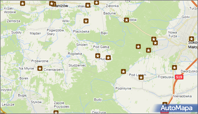 mapa Hucisko gmina Głogów Małopolski, Hucisko gmina Głogów Małopolski na mapie Targeo